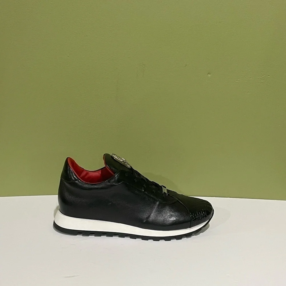 Fennix italy shoes casual sneaker black leather calf/alligator size 8 - Picture 2 of 5